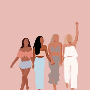 四位女性手牽手一起行走，其中一人舉起拳頭以示團結。