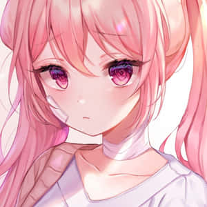 粉紅色頭髮和紫色眼睛的動漫女孩，柔和粉彩肖像。