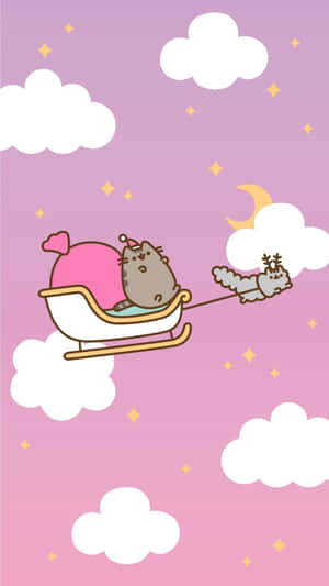 Pusheen 貓咪在由馴鹿拉著的雪橇上，飛越粉紅色的夜空。