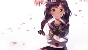 穿著校服的動漫女孩在飄落的櫻花下 — 粉紅動漫美學 壁紙