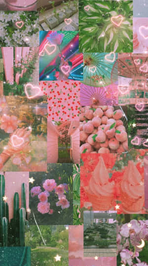 粉紅和綠色拼貼畫，包含花朵、仙人掌、雪糕和發光的心形。 — 淺粉紅色美學動圖 壁紙
