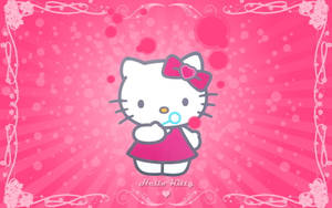 Hello Kitty 在帶有花卉邊框的粉紅色背景上吹泡泡。
