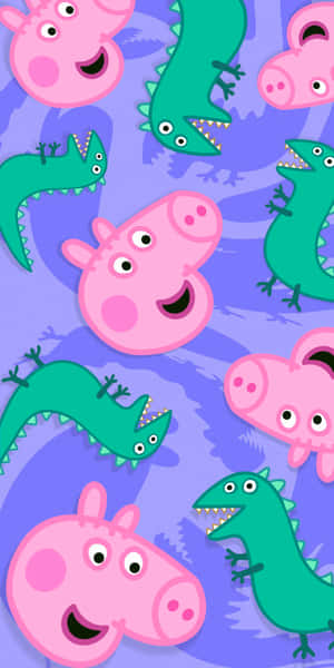 Peppa Pig 和綠色恐龍漂浮在紫色漩渦圖案中。 — Pixel 3 壁紙