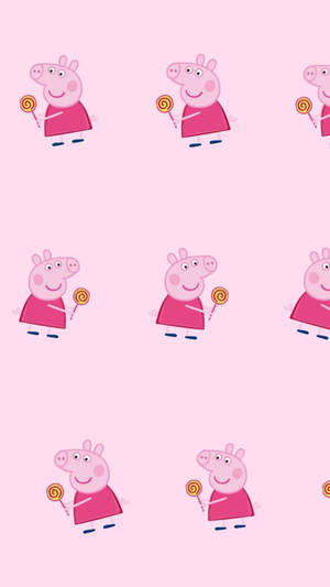 Peppa Pig 在粉紅色背景上拿著棒棒糖。