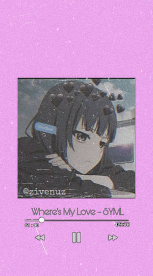 深色頭髮和漂浮心形的動漫女孩，在粉紅色音樂播放器界面上。