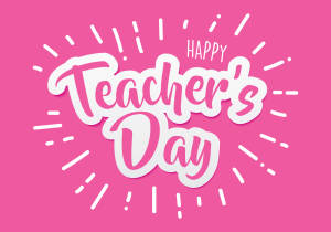 在粉紅色背景上以俏皮的白色字體和爆發線條呈現的「Happy Teacher's Day」問候。 — 粉紅 壁紙