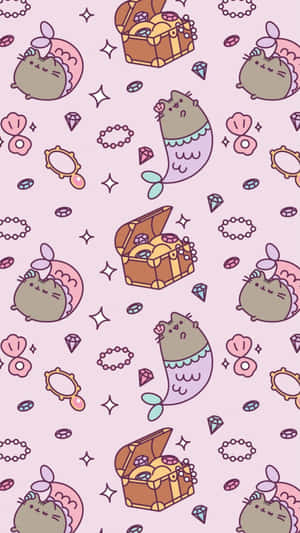 可愛美人魚Pusheen貓在粉紅色背景上，配有寶藏箱和珠寶。 — 美人魚 GIF 壁紙