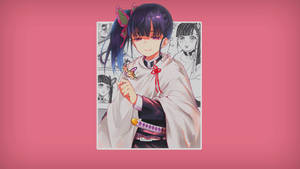 動漫女孩穿著和服拿著蝴蝶，身後有漫畫面板。 — 粉紅動漫美學 壁紙