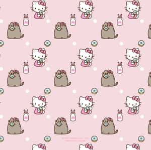 粉紅色牆紙，帶有手持甜甜圈和牛奶瓶的卡通貓咪。 — Hello kitty 美學 GIF 壁紙