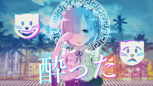 藍髮的動漫女孩在熱帶海灘場景中，有霓虹貓臉和發光的文字。