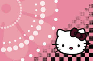Hello Kitty 帶紅色蝴蝶結，粉紅色背景上有白色圓點和格仔圖案。