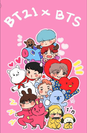 BT21 和 BTS 角色在歡快的粉紅色貼紙拼貼中，帶有心形和俏皮的姿勢。