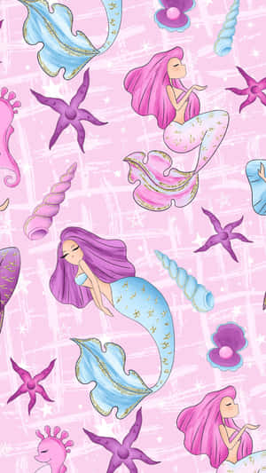 粉紅色和藍色美人魚、海星和貝殼，呈現俏皮散落圖案。 — 美人魚 GIF 壁紙