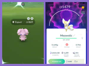 Pokémon GO 畫面顯示 Espurr 和 Meowstic，附有狀態和強化選項。