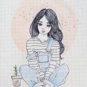 一個穿著工裝褲的悲傷動漫女孩，坐在方格紙背景上，旁邊有一棵小植物。 — 美學粉紅 壁紙