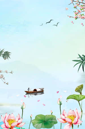 春天，一艘小船漂浮在平靜的湖面上，伴隨著粉紅蓮花和櫻花。 — Huawei MatePad 11.5 (2026) 壁紙