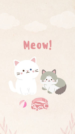 兩隻卡通貓咪，帶有粉紅色碗和球，背景是米色，有雲朵和「Meow!」字樣。