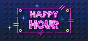 霓虹燈牌顯示「Happy Hour」，以粉紅色和綠色燈光呈現，背景為深藍色圓點。