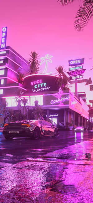 夜間黑色跑車在潮濕的霓虹燈街道上，有棕櫚樹和發光招牌。