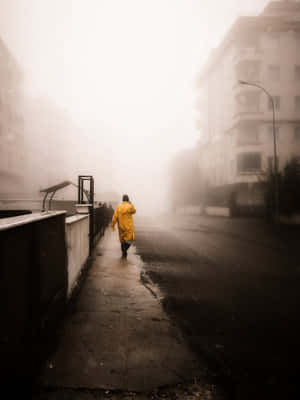 穿著黃色雨衣的人獨自走在霧氣瀰漫的市區街道上。