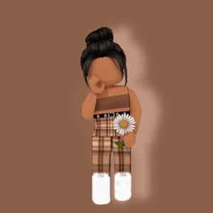 Roblox虛擬角色在棕色背景前手持雛菊。
