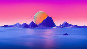 一個漁夫在小船上，在平靜的水面上，夕陽西下，紫色山脈。