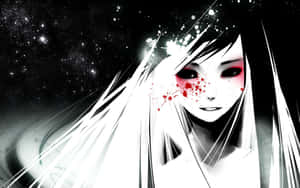 動漫女孩，白色頭髮和紅色飛濺，背景是星空夜空。 — 美麗的日落動畫 壁紙