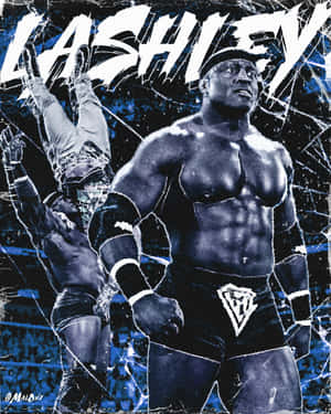 摔角手 Lashley 以強勢姿態站在碎玻璃背景前，搭配粗體文字。