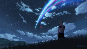 動漫角色在繁星夜空中觀看多彩的宇宙軌跡