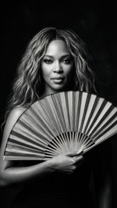 一位波浪髮的女性在黑白工作室肖像中手持扇子。 — Beyoncé 壁紙