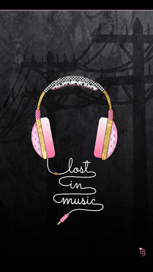 粉紅色和金色耳機，在深色紋理背景上有 'lost in music' 文字。 — 音樂美學 壁紙