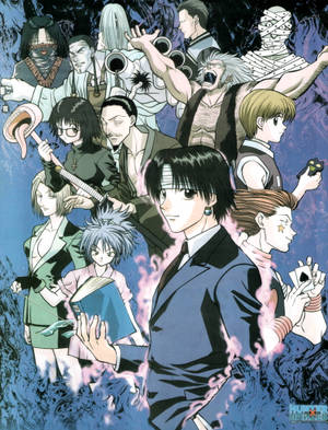 來自《Hunter x Hunter》的動畫角色以動態姿勢呈現，帶有旋轉的能量效果。