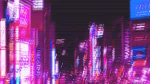 夜晚的未來城市，帶有發光的霓虹燈和數位扭曲效果。