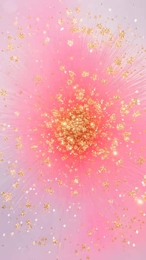 金色雪花閃粉從柔和粉紅漸變色背景上的發光中心向外輻射。 — 1440x2560 壁紙