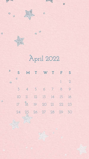 2022年4月月曆，在粉紅色紋理背景上有銀色閃粉星星。