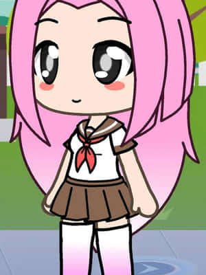 粉紅髮動漫女孩穿著水手服站在戶外