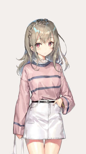 銀髮粉紅眼的動漫女孩，身穿粉紅條紋襯衫和白色裙子。
