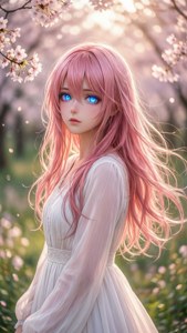 春天櫻花下，粉紅髮藍眼的動漫女孩。