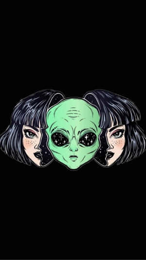 外星人頭部帶有星星眼睛，兩側是兩個相同的人類面孔，背景為黑色。 — 手機 壁紙
