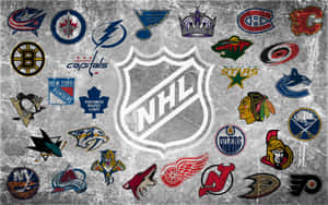 NHL球隊標誌圍繞中央盾牌排列在紋理灰色背景上。 — 1280x800 壁紙