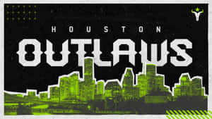 Houston Outlaws 團隊標誌，黑色背景上帶有霓虹綠色城市天際線剪影。 — 鬥陣特攻 GIF 壁紙
