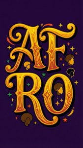 紫色背景上帶有非洲式剪影和星星的風格化金色 AFRO 文字。