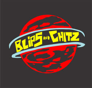 標誌，帶有「Blips and Chitz」文字圍繞一個帶有黑色漩渦的紅色行星。 — 簡潔 壁紙