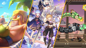 遊戲拼貼 featuring 海灘戰士、動漫角色和與龍戰鬥的機甲駕駛員。