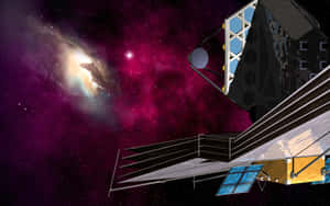 衛星漂浮在色彩繽紛的太空星雲中，伴隨著星星 — 太空 壁紙