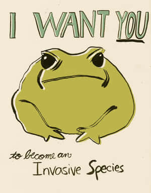 悲傷的綠色青蛙插圖，附有文字「I WANT YOU to become an Invasive Species」。