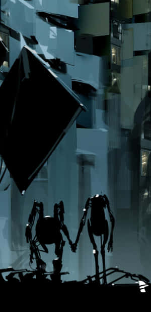 兩個機械人喺藍光下嘅破碎未來城市中拖住手。 — 傳送門 壁紙