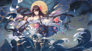 穿著和服的動漫女孩漂浮在海浪之上，伴隨著月亮和蝴蝶