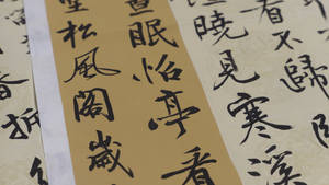 質感米色紙上中國毛筆書法的特寫，帶有花卉圖案。