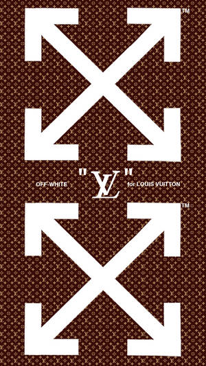 Off-White for Louis Vuitton 標誌，白色箭頭在棕色字母組合背景上。